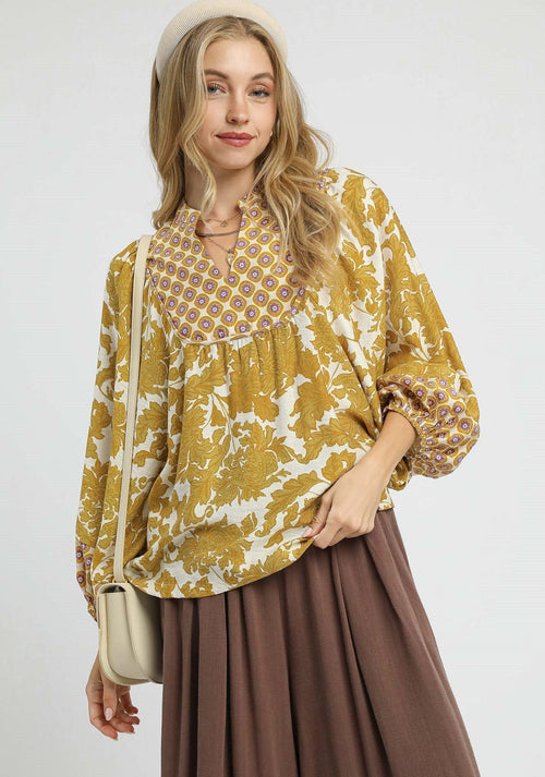 Mustard Mixed Print Top