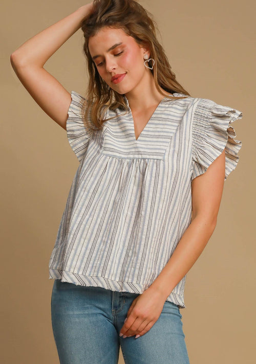 Blue Stripe Ruffle Top