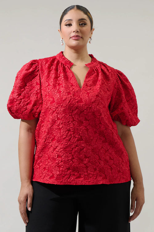 Curvy Red Floral Jacquard Top