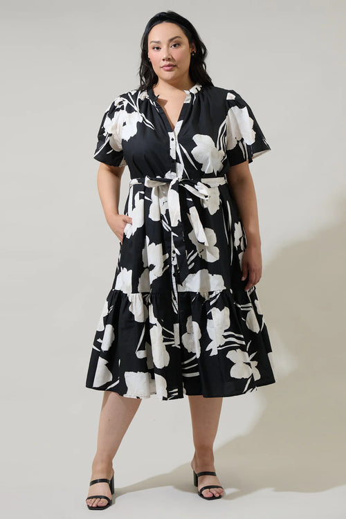 Curvy Black and White Floral Midi Dress