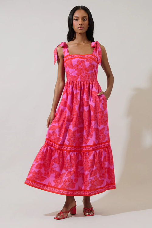 Pink and Red Tie Strap Midi Dress