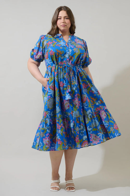 Curvy Blue Floral Button Down Dress
