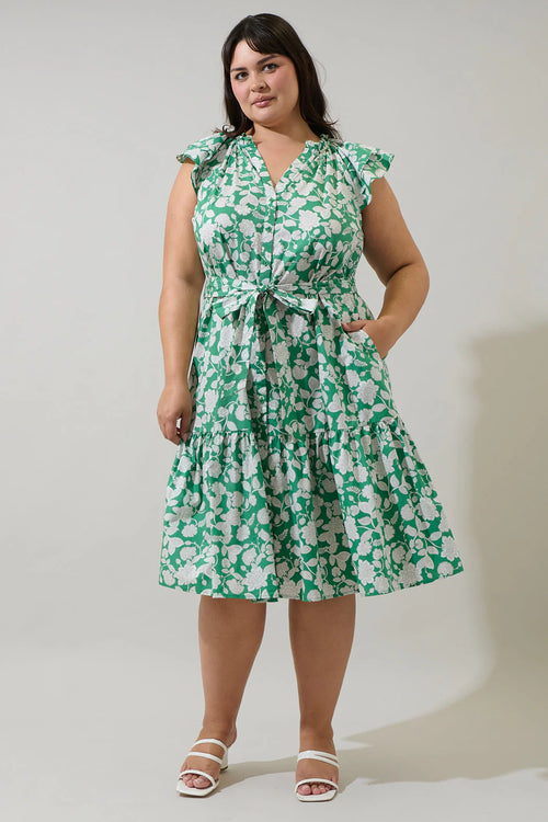 Curvy Green and White Floral Midi Dress