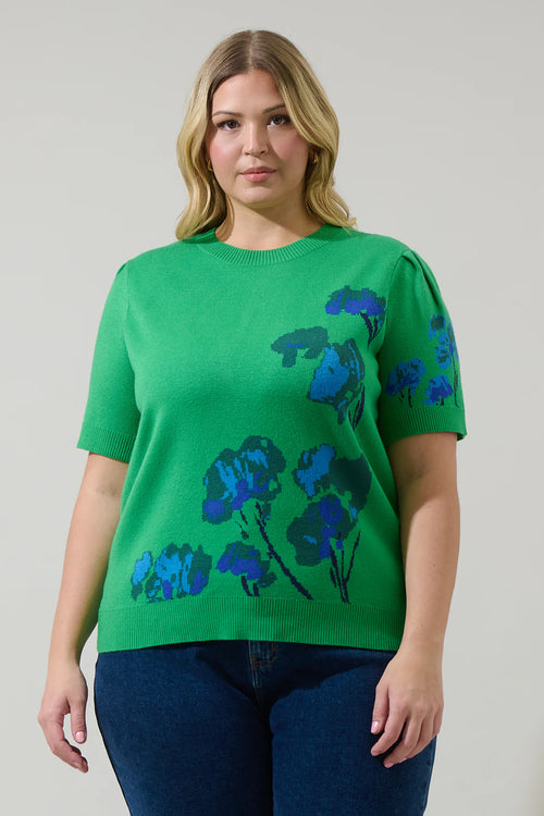 Green and Blue Floral Knit Top