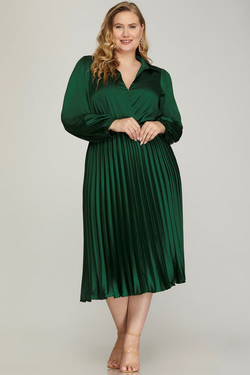 Emerald Pleated Satin Dress