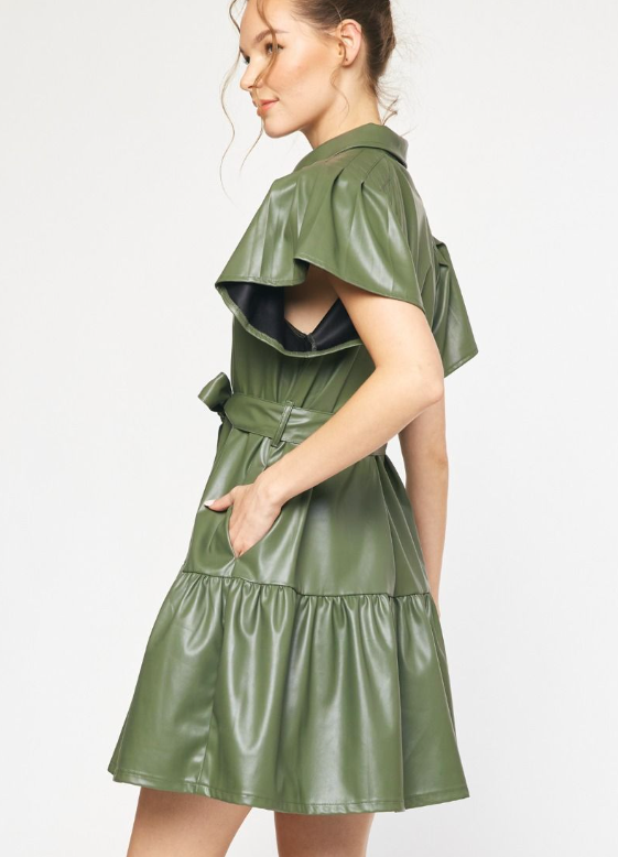 Faux Leather Belted Dress