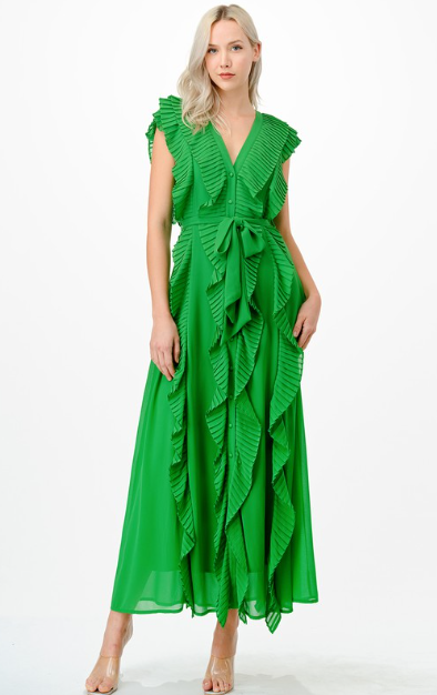 Green Pleated Midi Dress