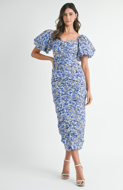 Blue Floral Ruched Midi Dress