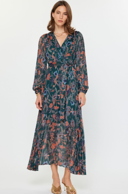 Green Printed Pleat Midi Dress