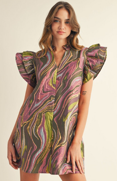Olive Metallic Abstract Dress