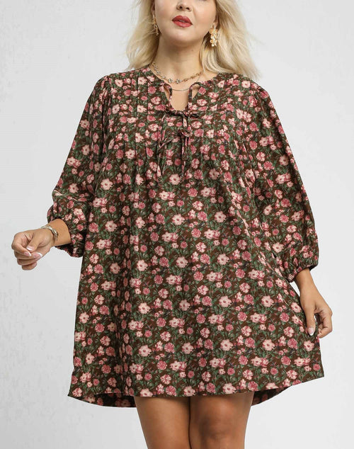 Curvy Brown and Pink Floral Mini Dress