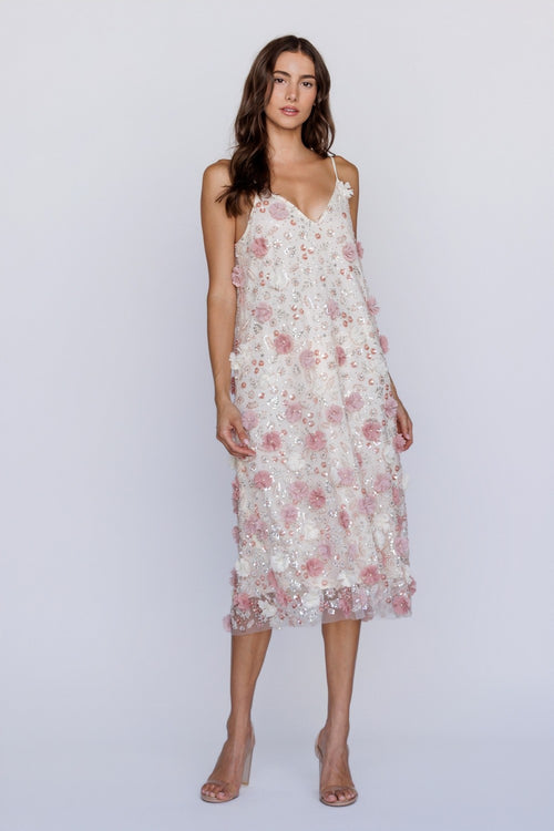 Ivory and Pink Floral Beaded Dress