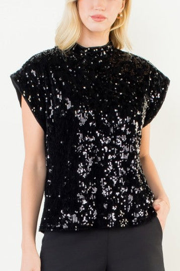 Black Sequin Mock Neck Top