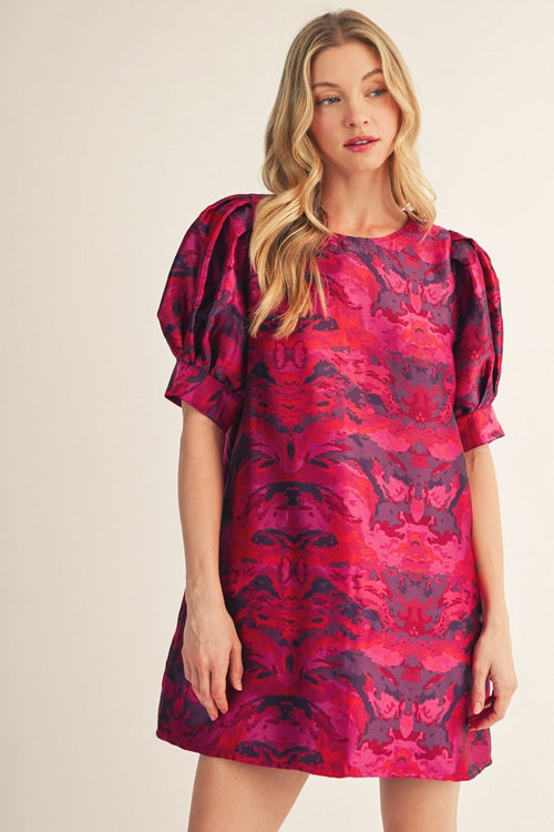 Magenta Print Puff Sleeve Mini Dress