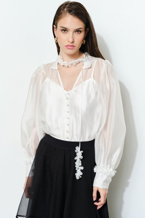 White Flower Tie Neck Blouse