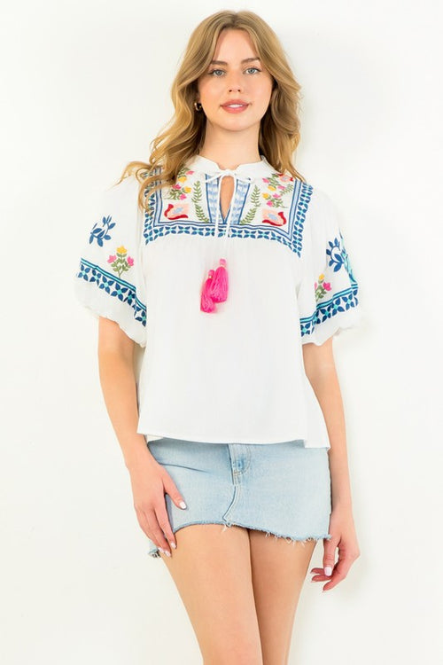 Embroidered Tassel Tie Neck Top