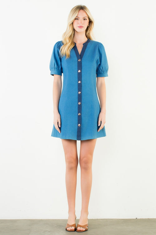 Chambray Button Front Mini Dress
