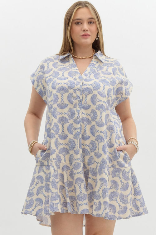 Blue Fan Print Dress