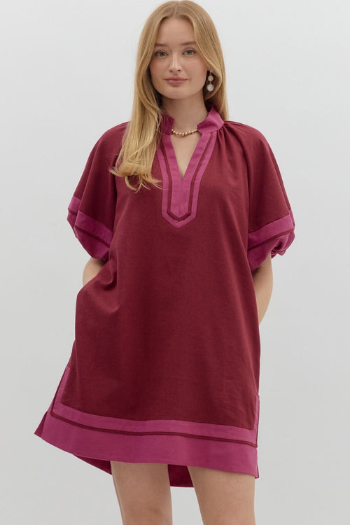 Burgundy and Pink Color Block Dress