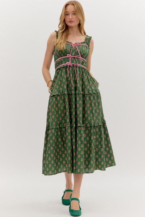 Green and Pink Floral Midi Dress