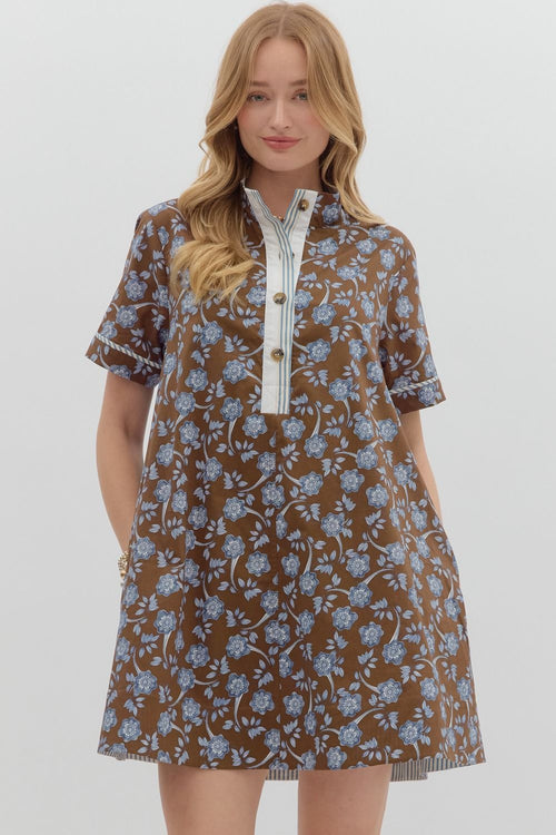 Brown and Blue Floral Shirt Dress