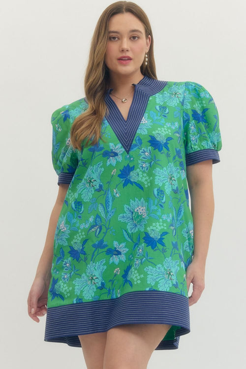 Curvy Green and Blue Floral Dress