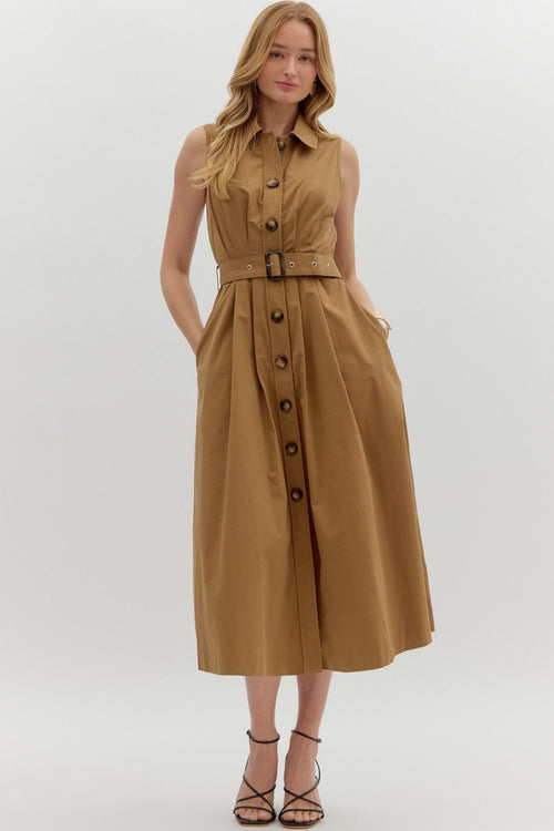Brown Button Up Belted Dress