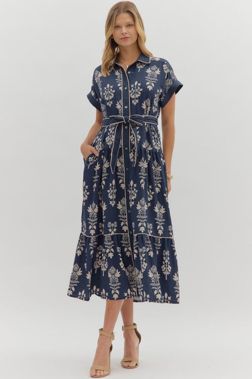 Navy Block Print Midi Dress