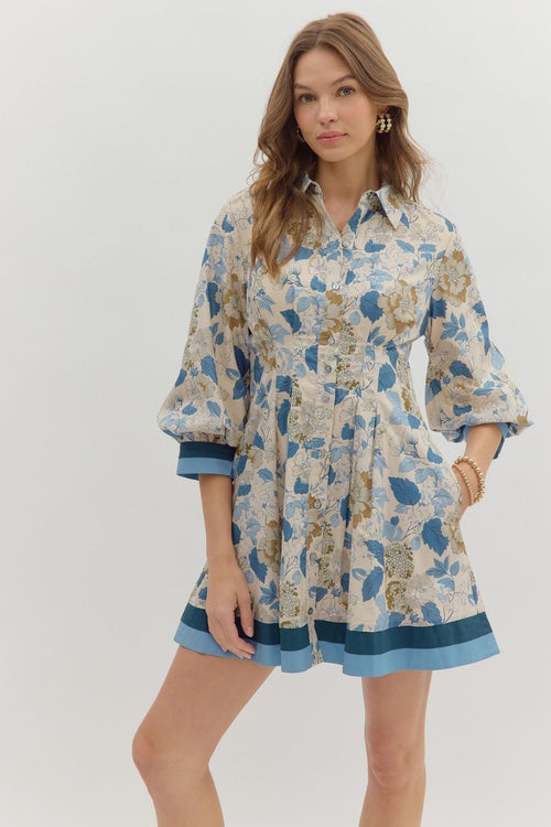 Cream and Blue Floral Mini Dress