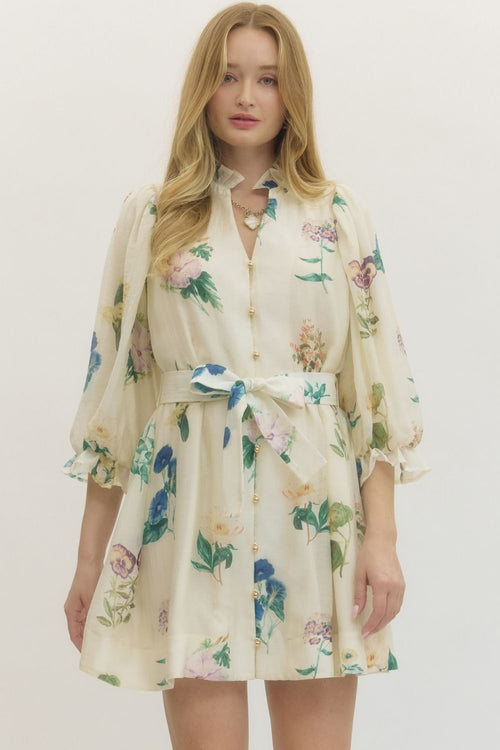 Cream Flower Print Mini Dress