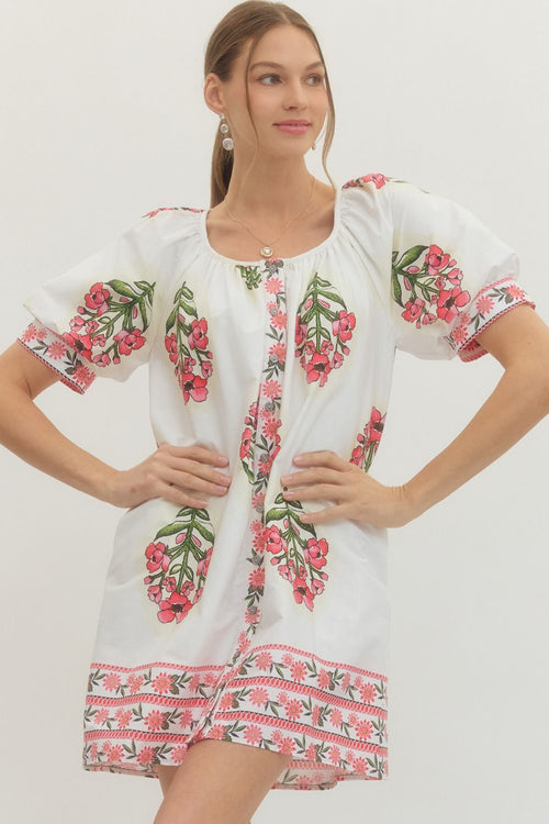 White and Pink Flower Print Dress