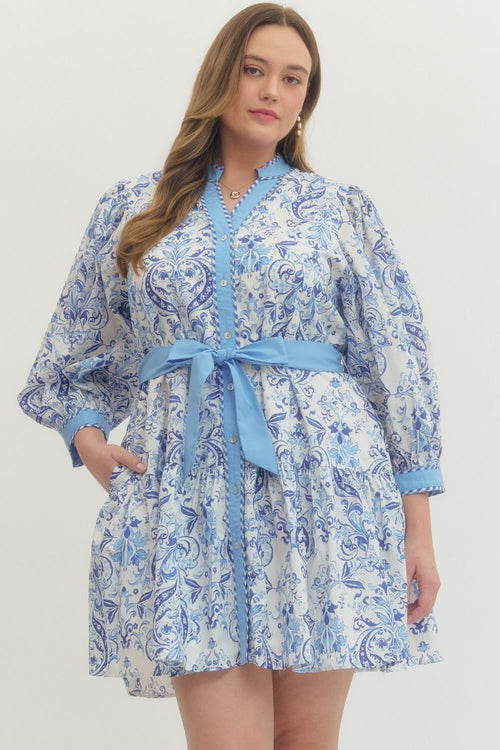 Blue and White Paisley Mini Dress
