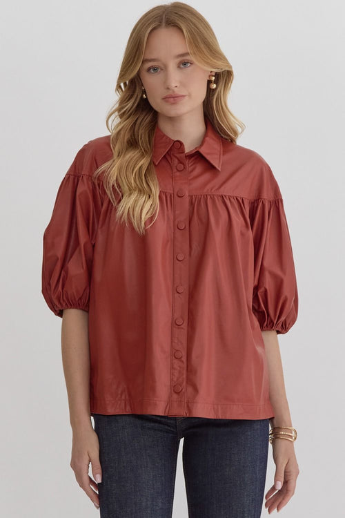 Faux Leather Button Down Top