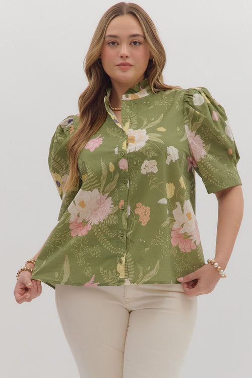 Curvy Green Flower Print Top