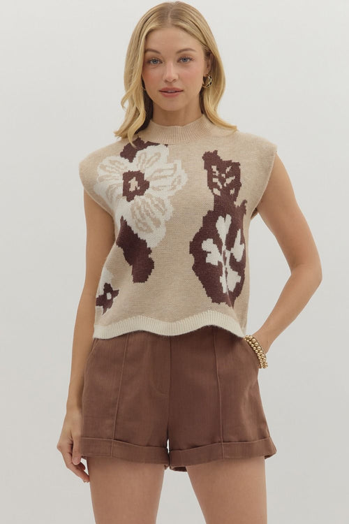 Neutral Floral Print Knit Top