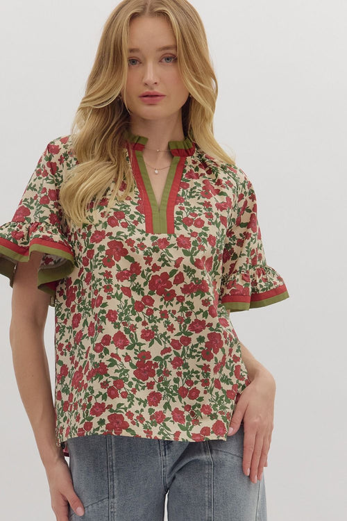 Red and Green Floral Top