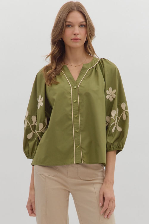 Vine Embroidered Button Up Top