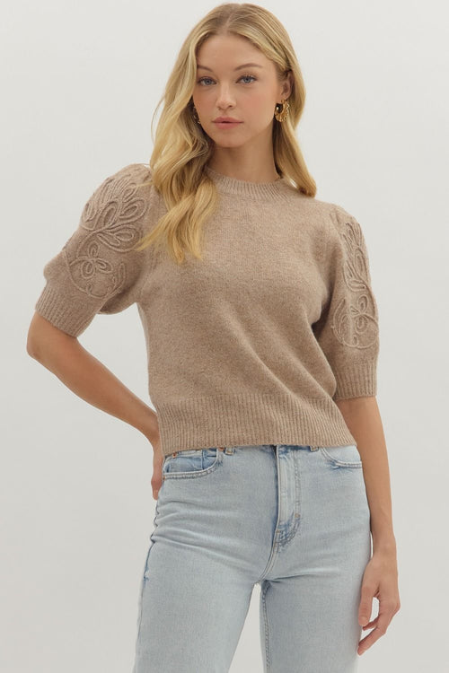 Embroidered Puff Short Sleeve Sweater