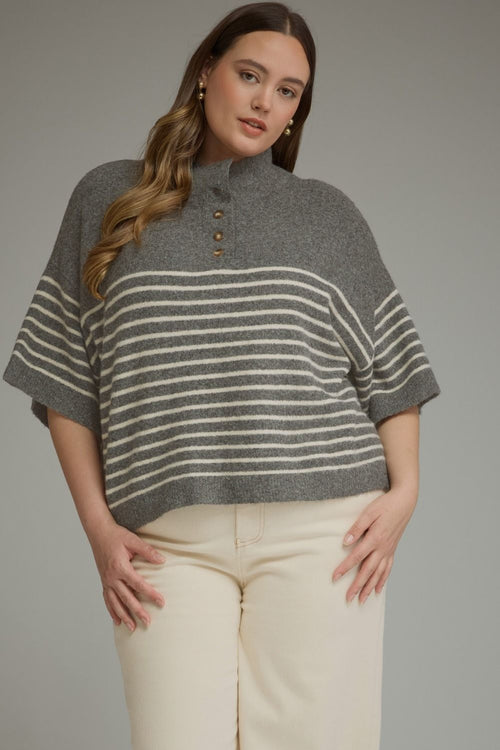 Grey Striped Short Sleeve Sweater