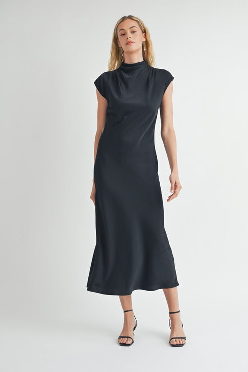 Satin Mock Neck Midi Dress