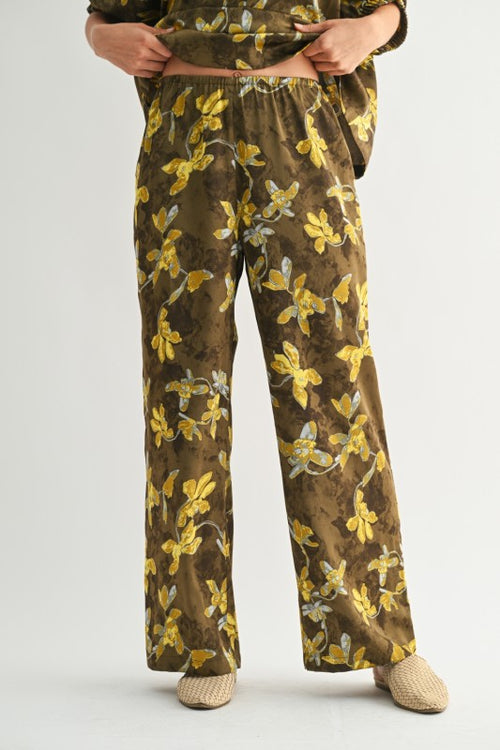 Silky Olive Floral Pants