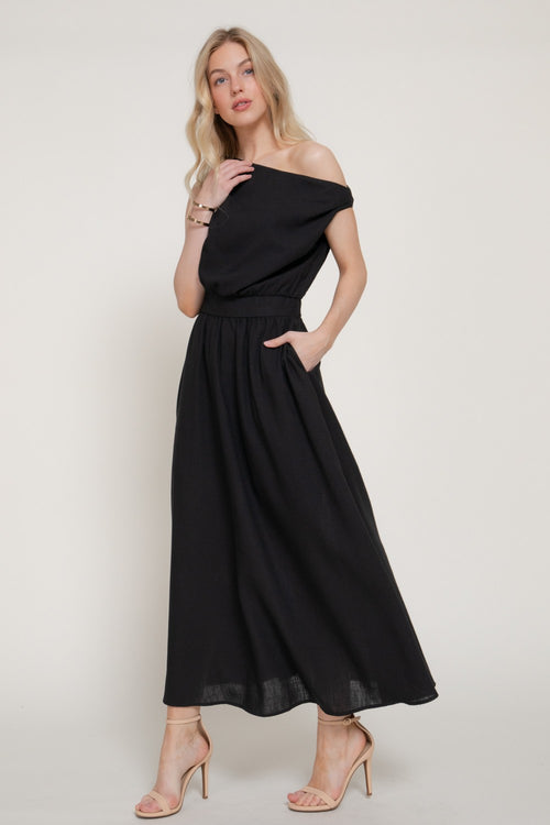 Black Asymmetric Shoulder Midi Dress