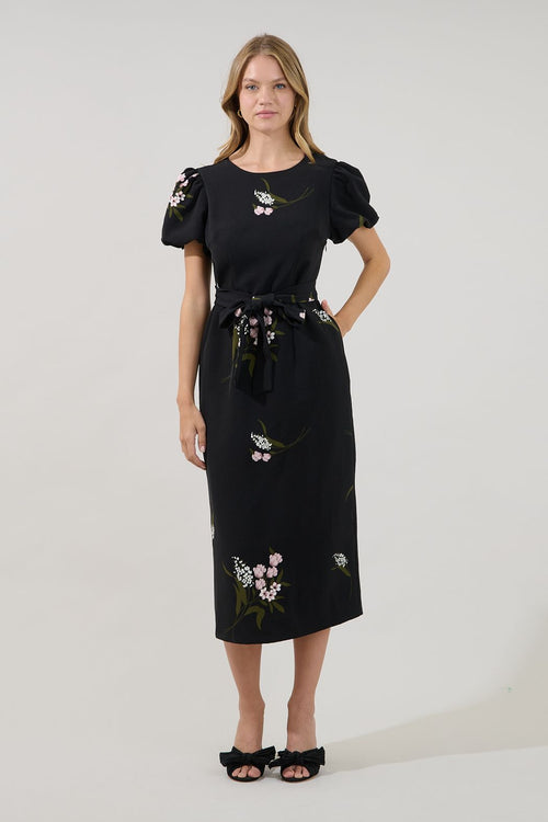 Black Floral Puff Sleeve Midi Dress