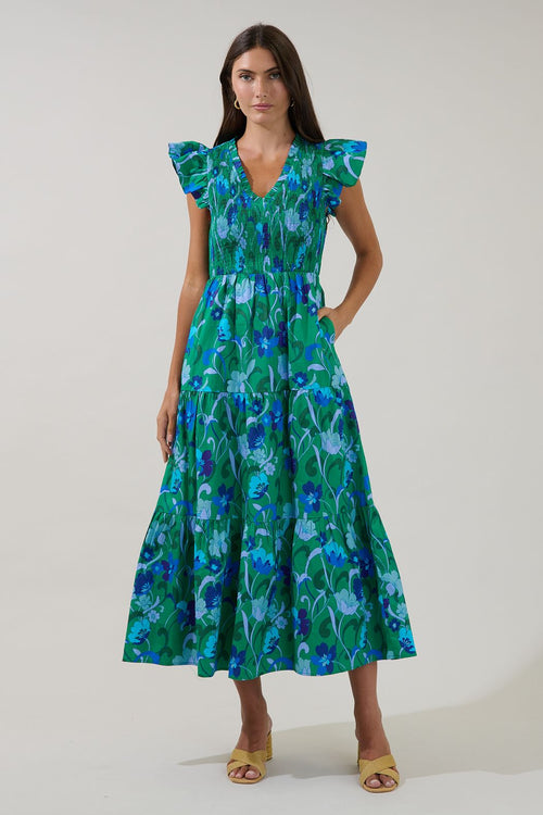 Green and Blue Floral Smock Bust Dress