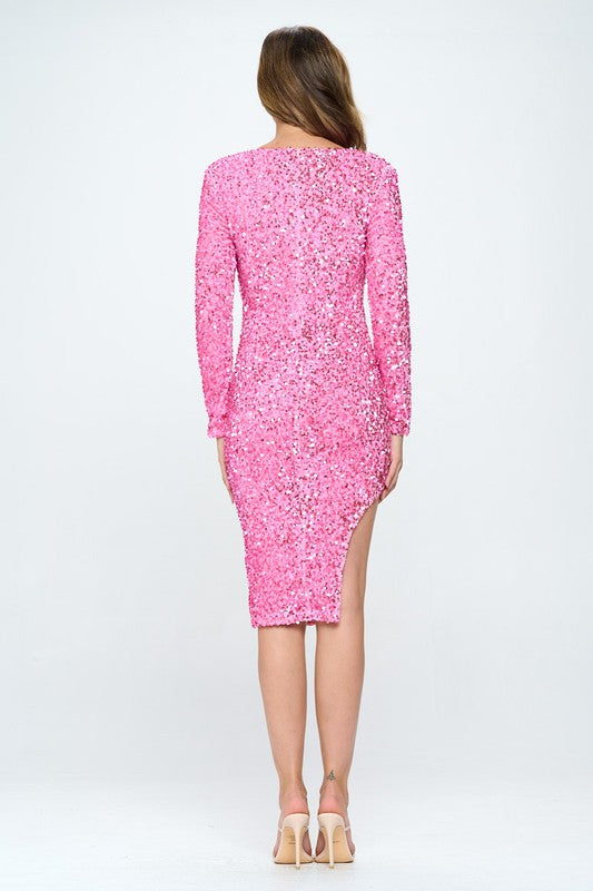 Long sleeve pink velvet dress with all-over sequins and right leg cutout