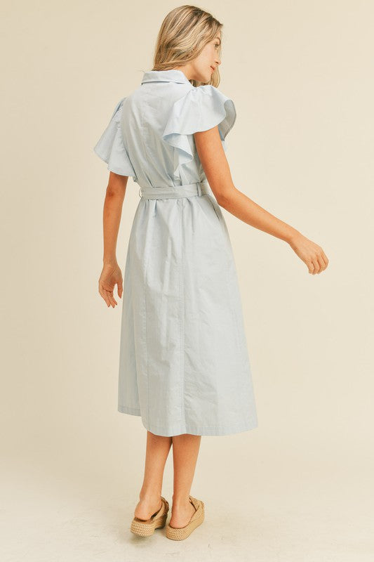 Light blue button front midi dress with accent flutter sleeve, collared neck, and tie belted waist.