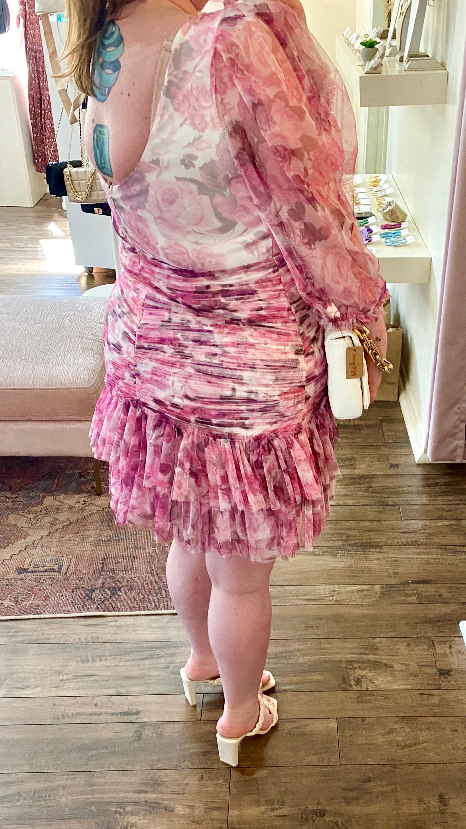 back of pink puff sleeve mesh dress