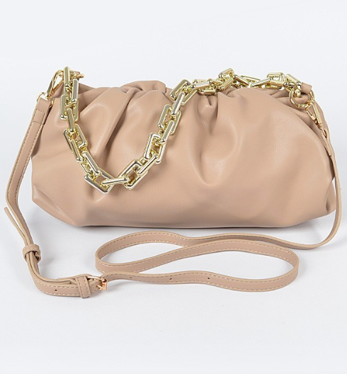Nude faux leather pouch style bag with gold chain strap