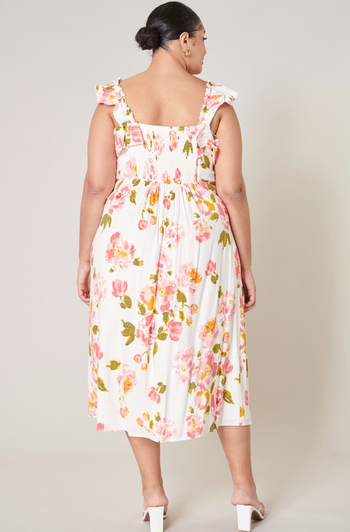 Ivory and pink floral midi dress with ruffle sleeves and smocked back.