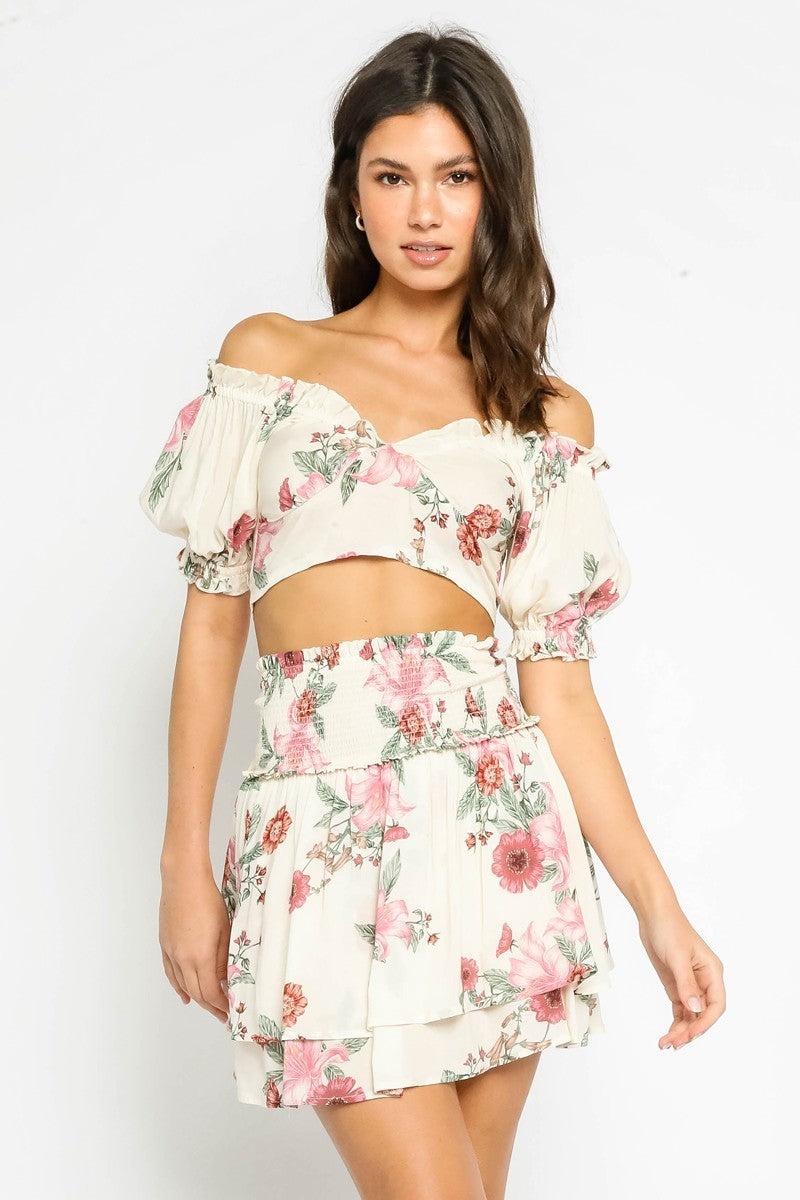 Floral layered skirt with ruffle waist and layered hem
